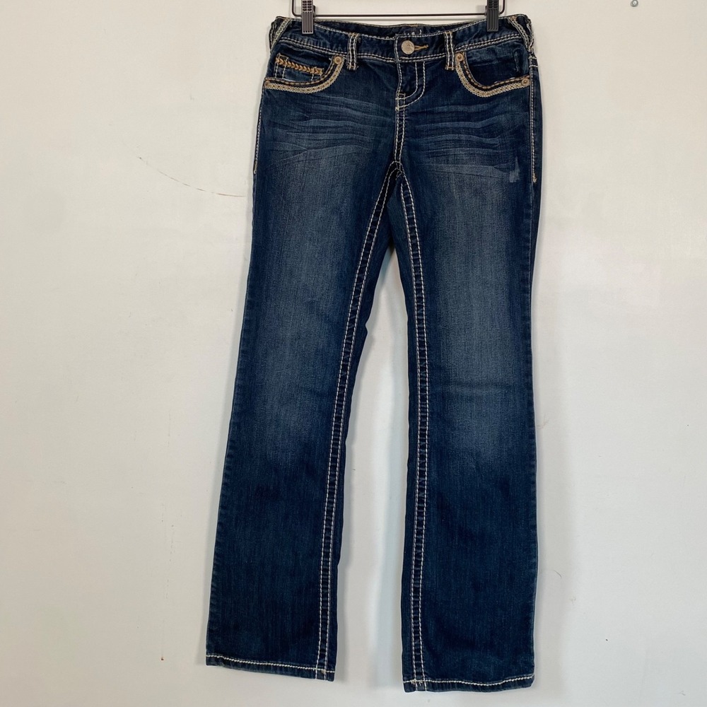 Maurices Womens Y2K Straight Leg Jeans Size 3/4 Short Dark Wash Low Rise Stretch